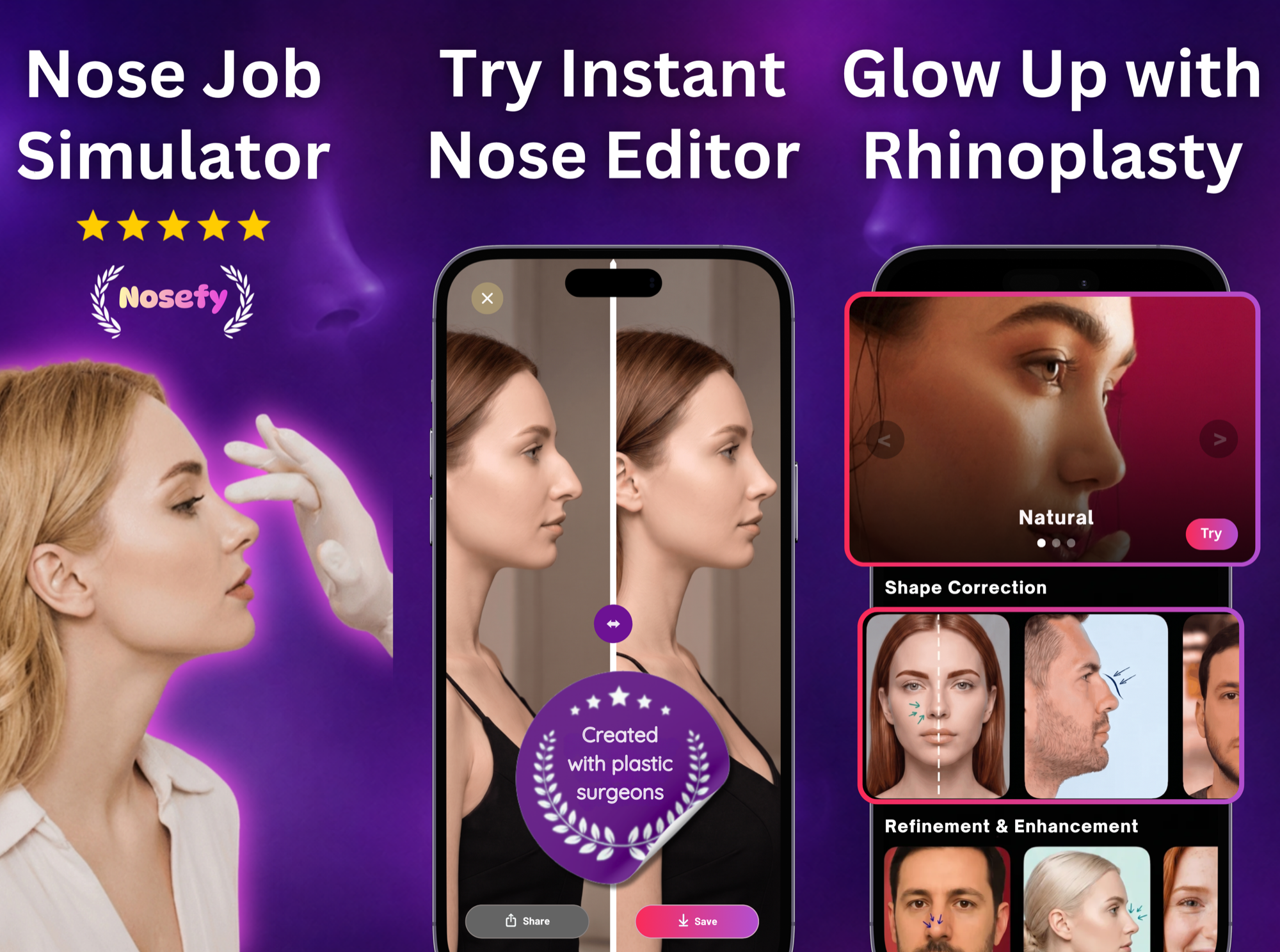 Nosefy nose visualization app interface showing before and after results